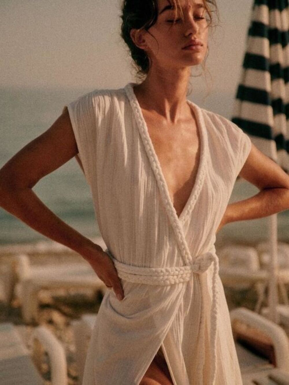 SÉZANE Pamela Wrap Robe Dress White Braided Trim FR 34 US 2